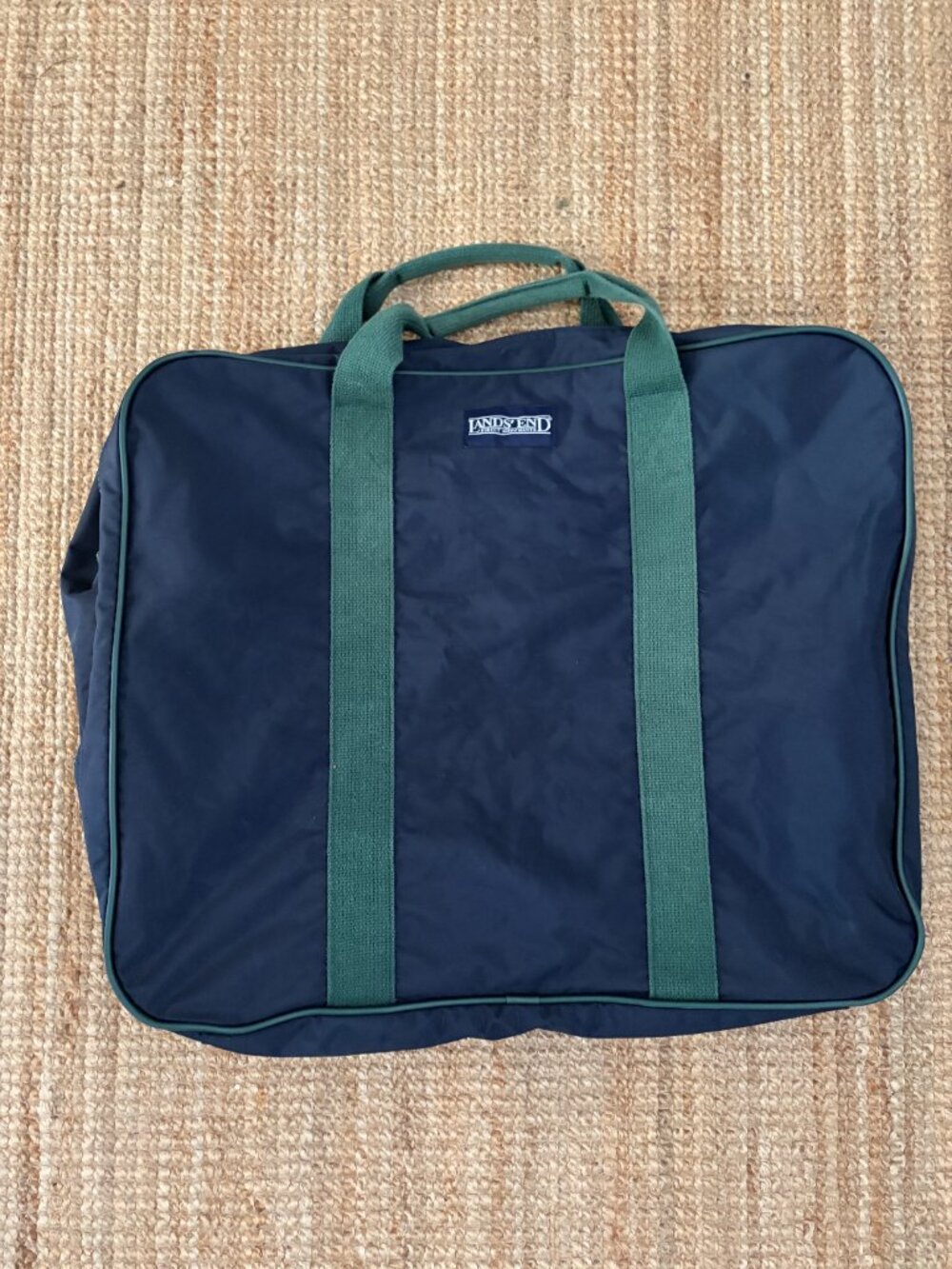 Vintage Lands’ End Canvas Navy Blue Travel Tote with Green Handles